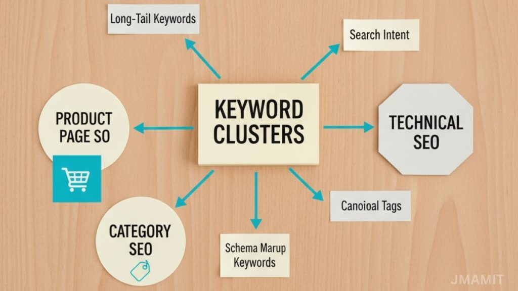 Mind map of keyword clusters and eCommerce SEO tasks arranged on a desk.